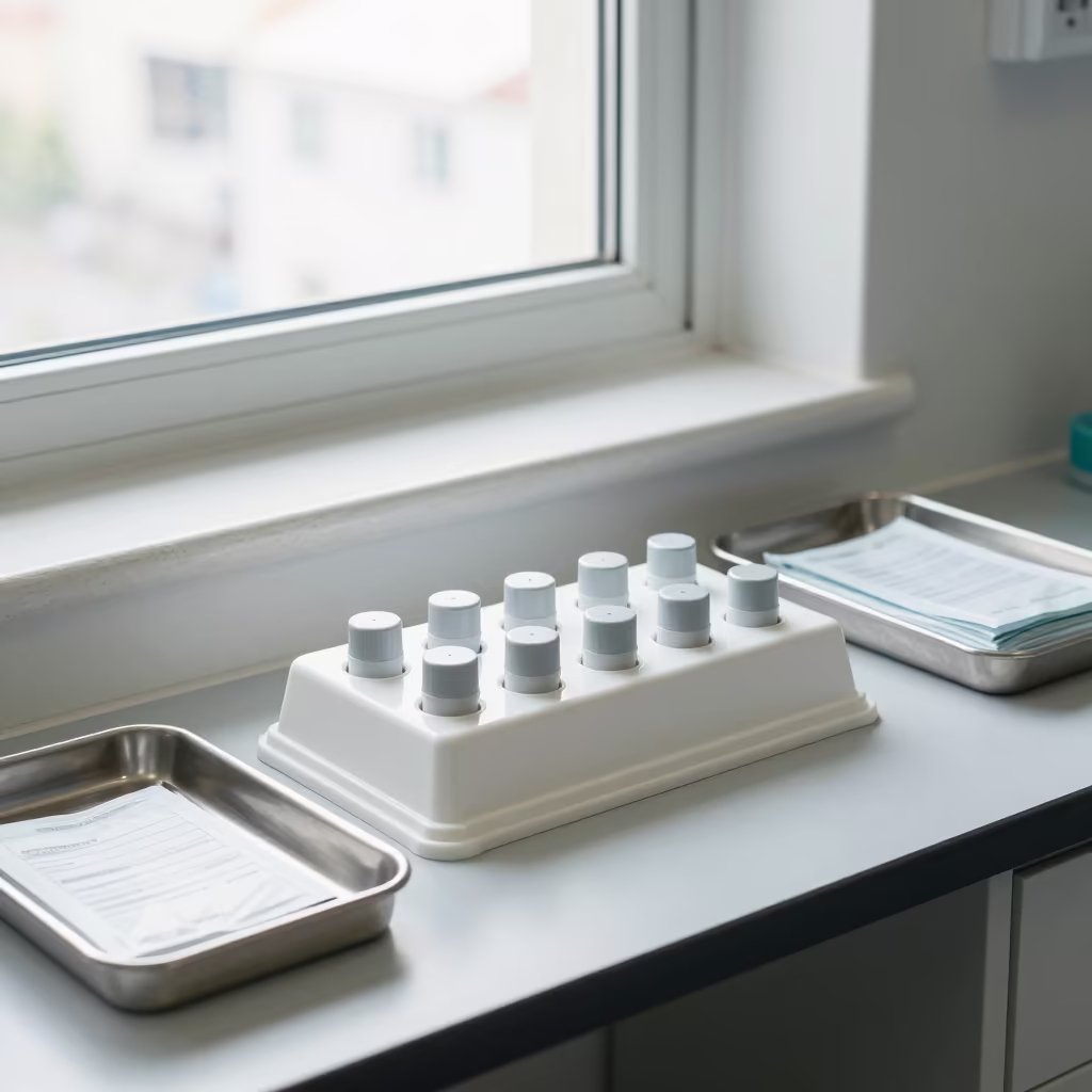 Endoscope Leak Test Cap Rack on Clinical Ledge in on a painted display ledge near Quito