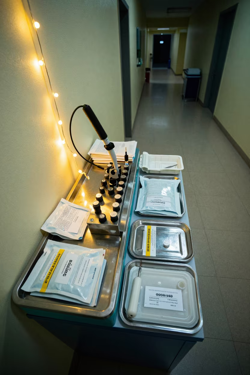 Endoscope Leak Test Cap Rack Winter Night Mohali in on a painted display ledge in Mohali