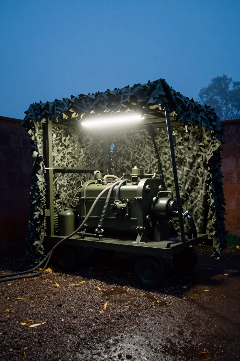 Engine Warm-Up Cart in Burgundy Twilight Fog in beneath a camouflage net shelter in Burgundy