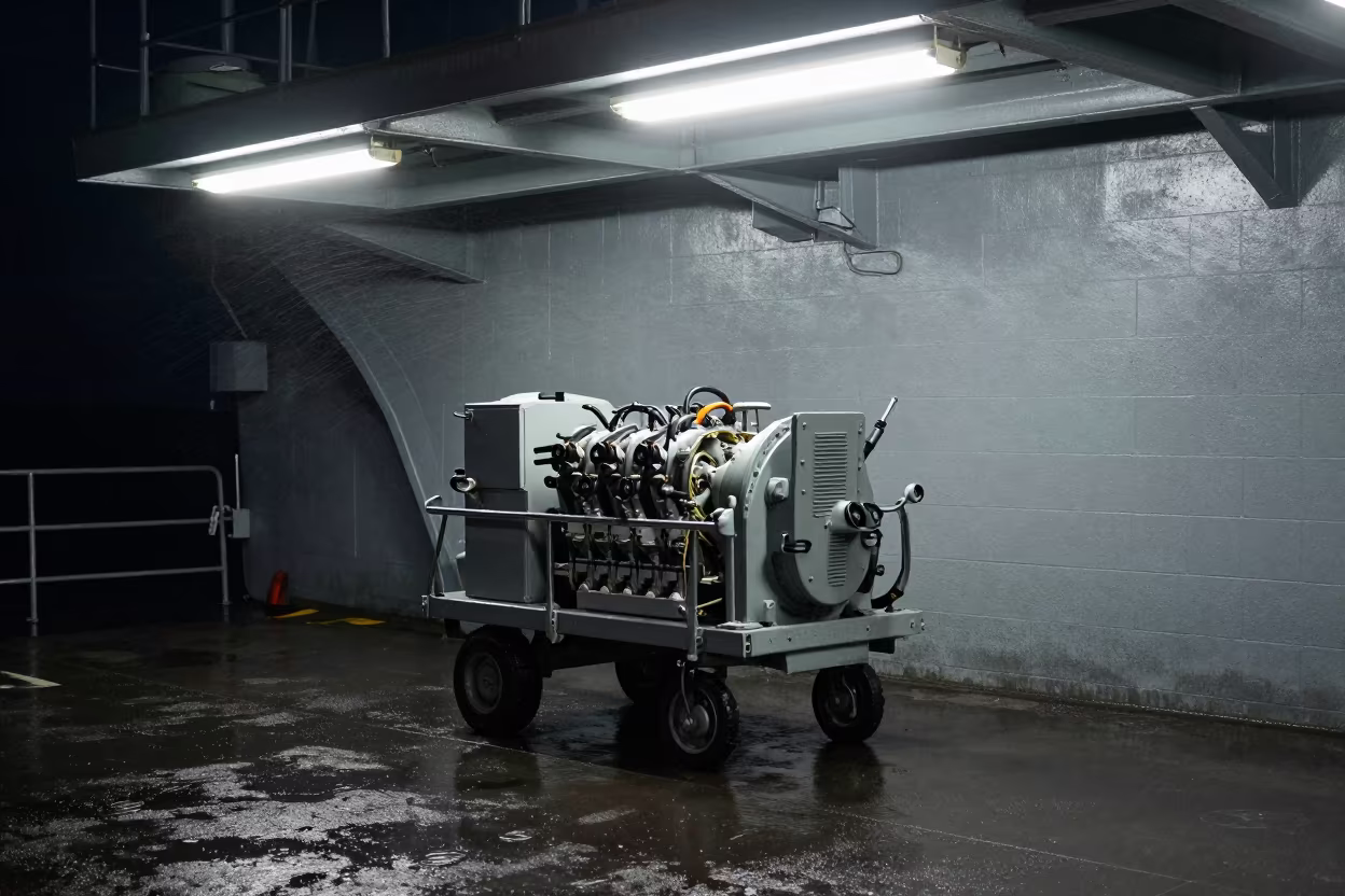 Engine Cart on Naval Deck at Night in on a naval deck in rough wind in Zimbabwe