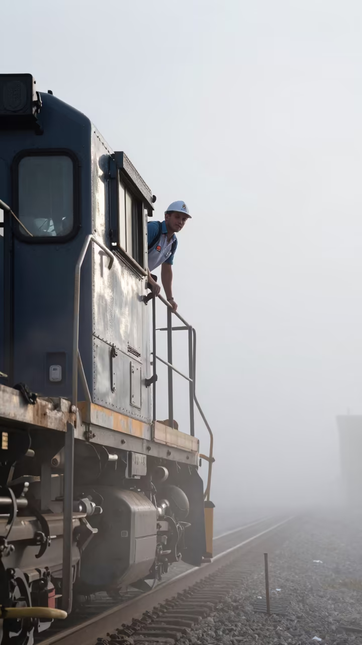 Engineer Leaning from Cab in Foggy Dumbo in at a public square in Dumbo, New York
