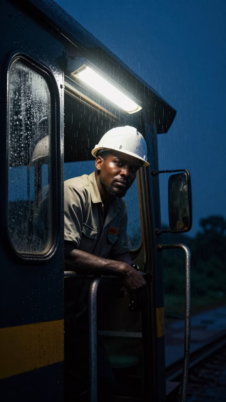 Engineer Leaning From Locomotive Under Night Fluorescent Light in near Jos