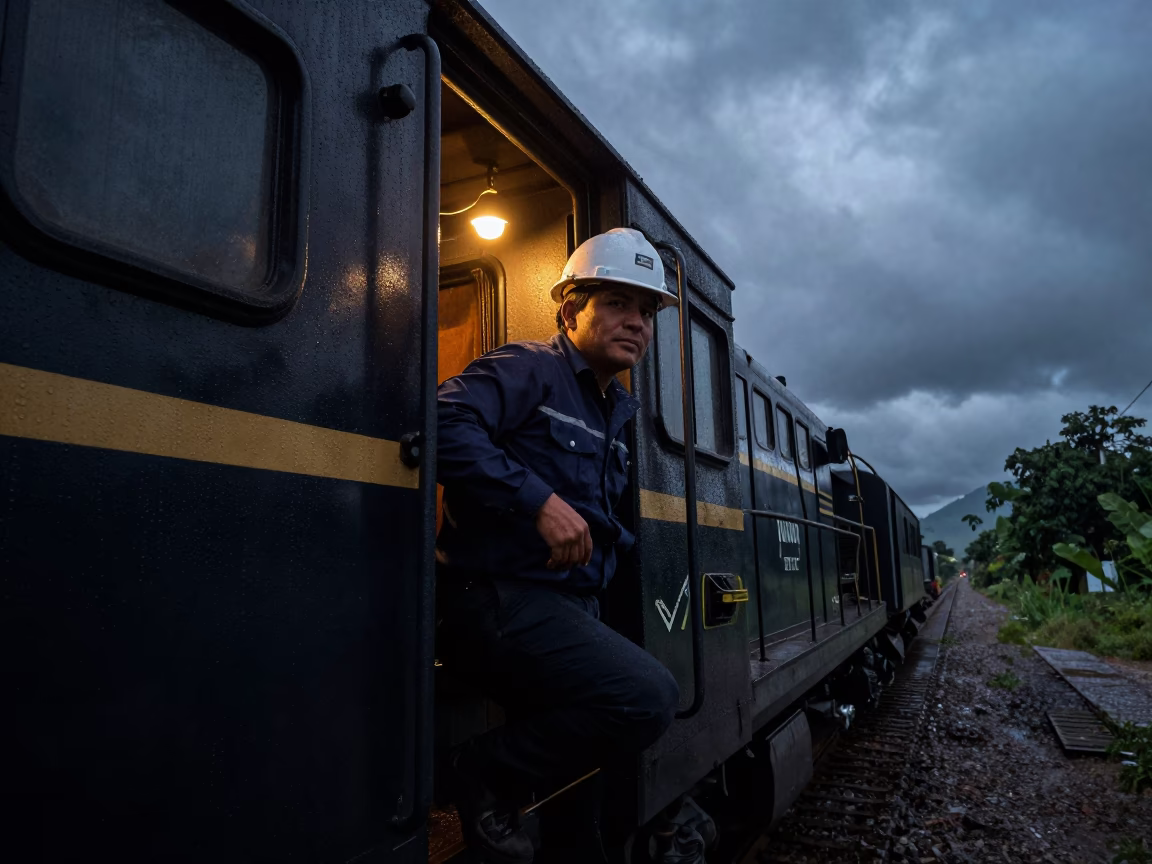 Engineer in Predawn Tarapoto Train Cab in in Tarapoto