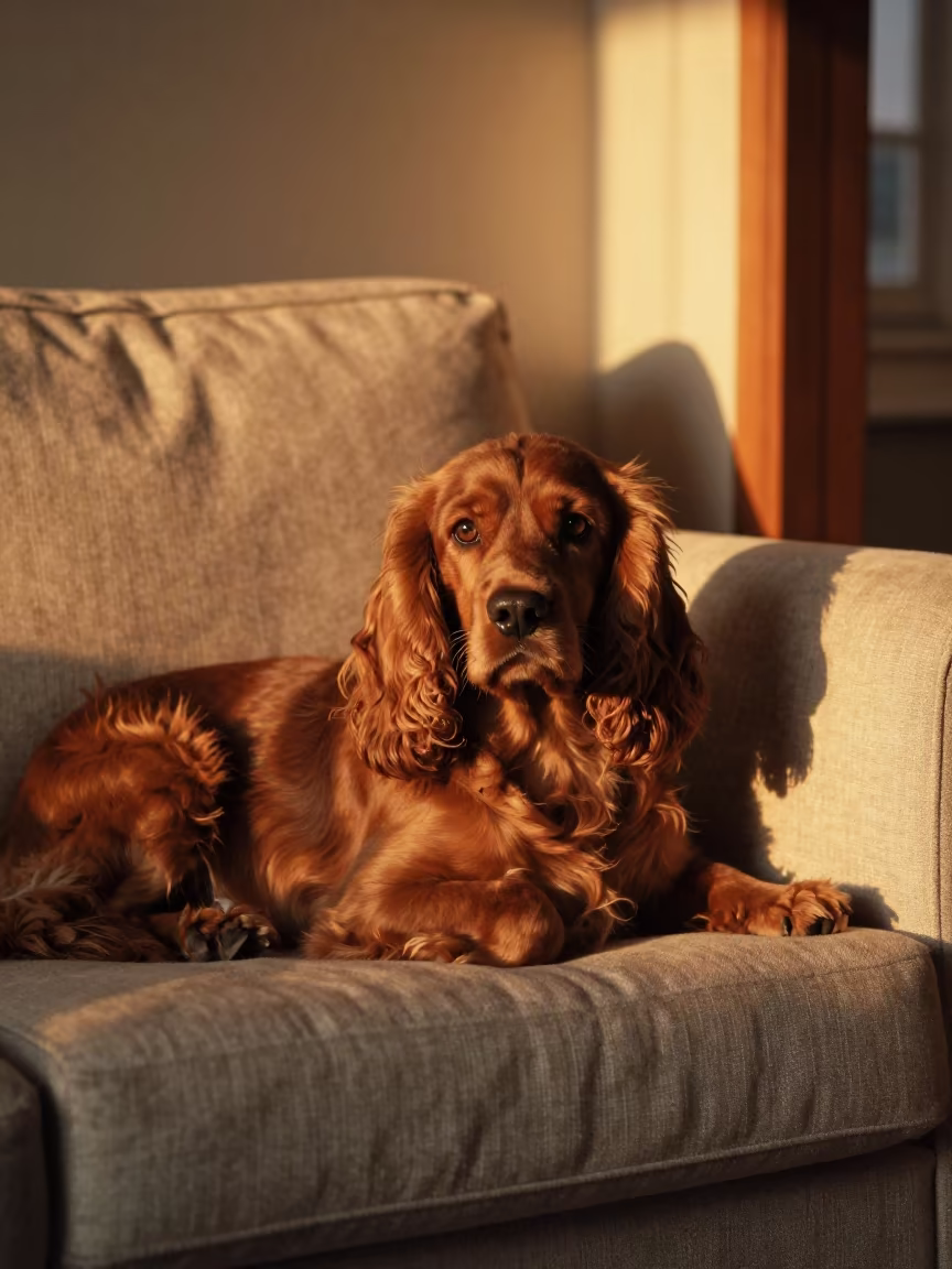 English Cocker Spaniel on Linen Sofa in Nanning Sunset in on a linen sofa with daylight from a nearby window in Nanning