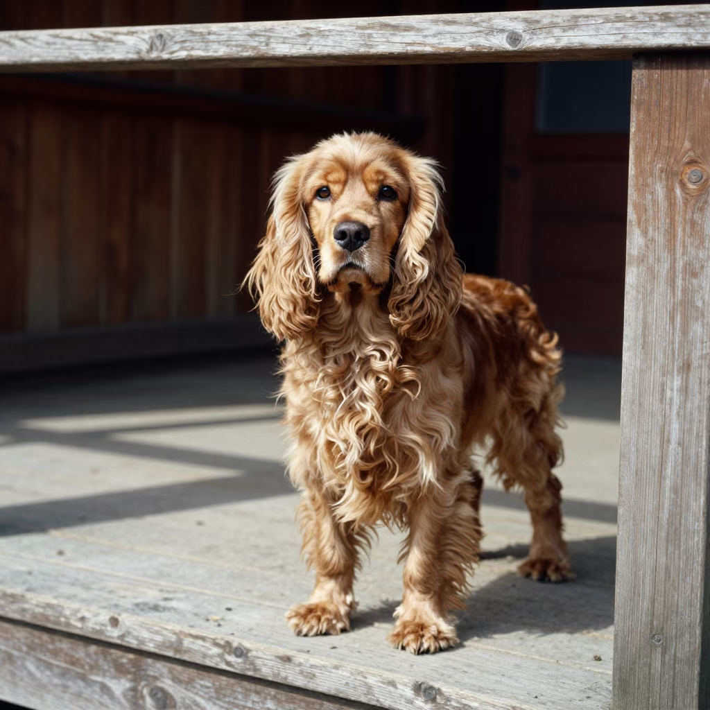 English Cocker Spaniel on Nanchang Porch in on a shaded front porch with boards, railings, and eye-level framing near Nanchang