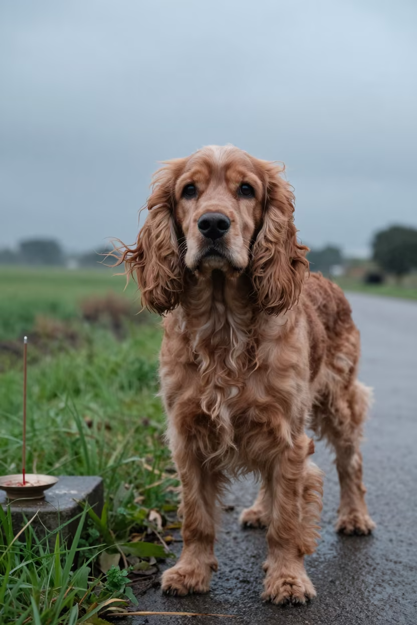 English Cocker Spaniel on Rainy Aden Path in in a small yard with clipped grass, calm light, and the animal centered in frame in Aden