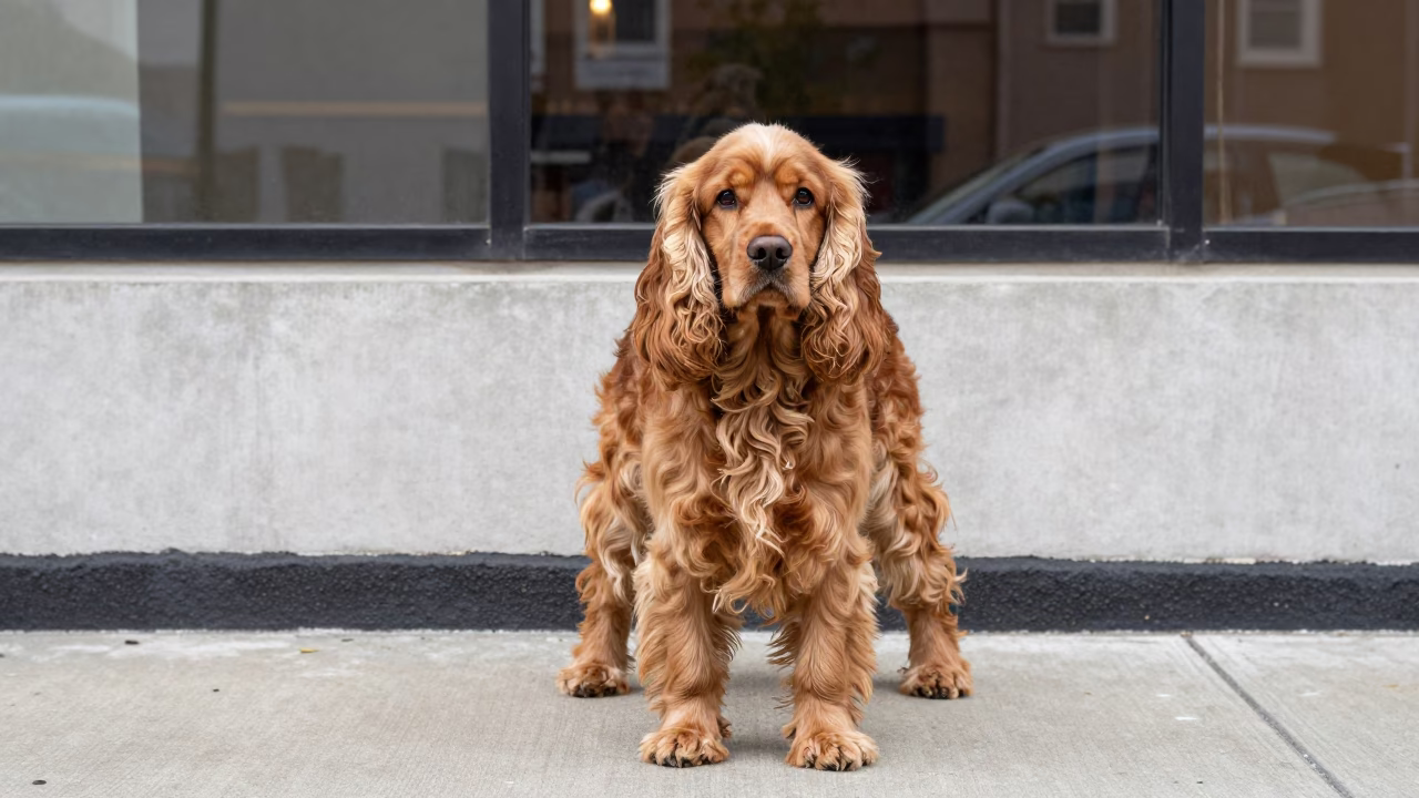 English Cocker Spaniel Portrait Beside Hartford Wall in beside a plain courtyard wall in clear daylight with the animal at eye level near Hartford