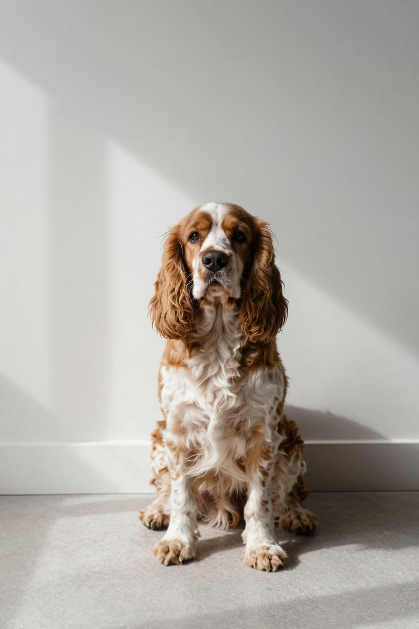 English Cocker Spaniel Portrait in Cork Home Light in beside a plain plaster wall in soft indoor light with the animal centered in frame in Cork