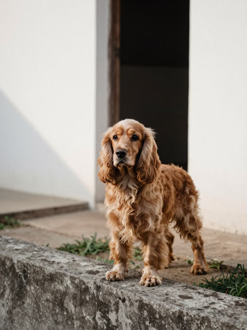 English Cocker Spaniel Portrait Morning Light Lagos in near a garden edge with soft morning light and an uncluttered background near Lagos