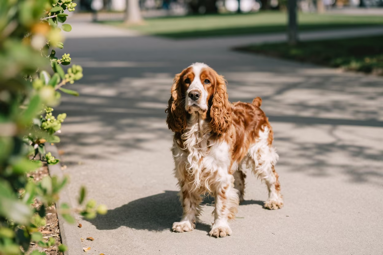 English Cocker Spaniel Portrait on Ensenada Path in along a quiet park path with soft open shade and a clean background in Ensenada