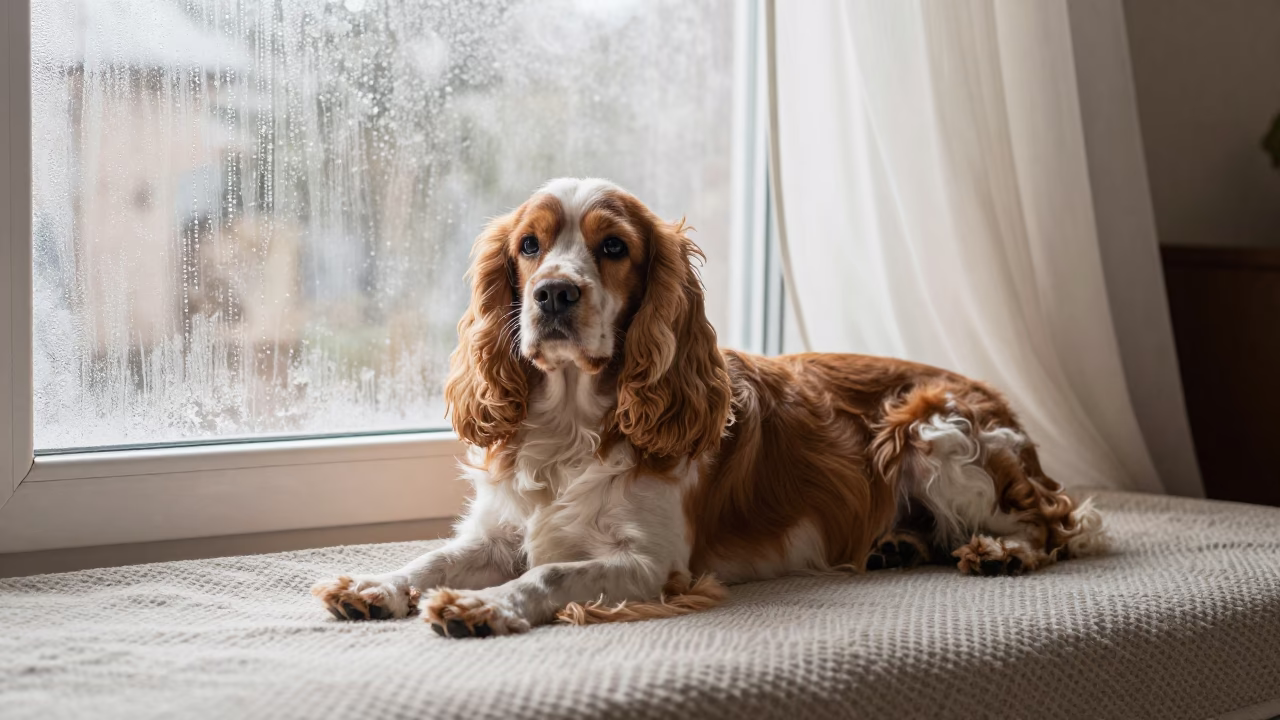 English Cocker Spaniel Resting Near Window in Duhok in on a bedspread near a bright window with calm indoor light in Duhok