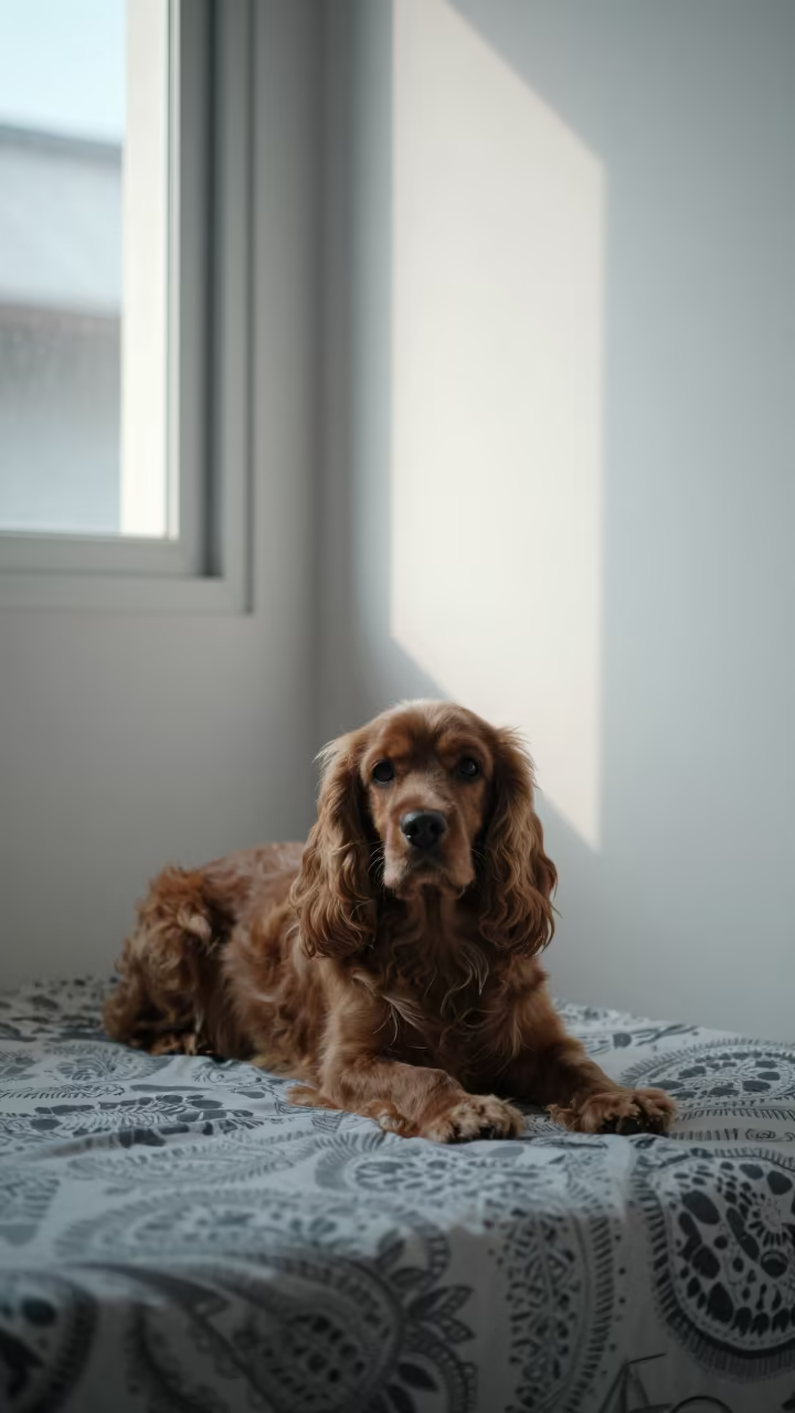 English Cocker Spaniel Resting on Bedspread in on a bedspread near a bright window with calm indoor light near Phnom Penh