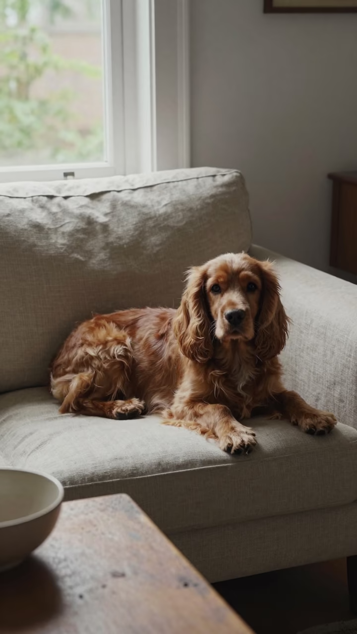 English Cocker Spaniel Resting on Linen Sofa in Malanje in on a linen sofa with daylight from a nearby window in Malanje