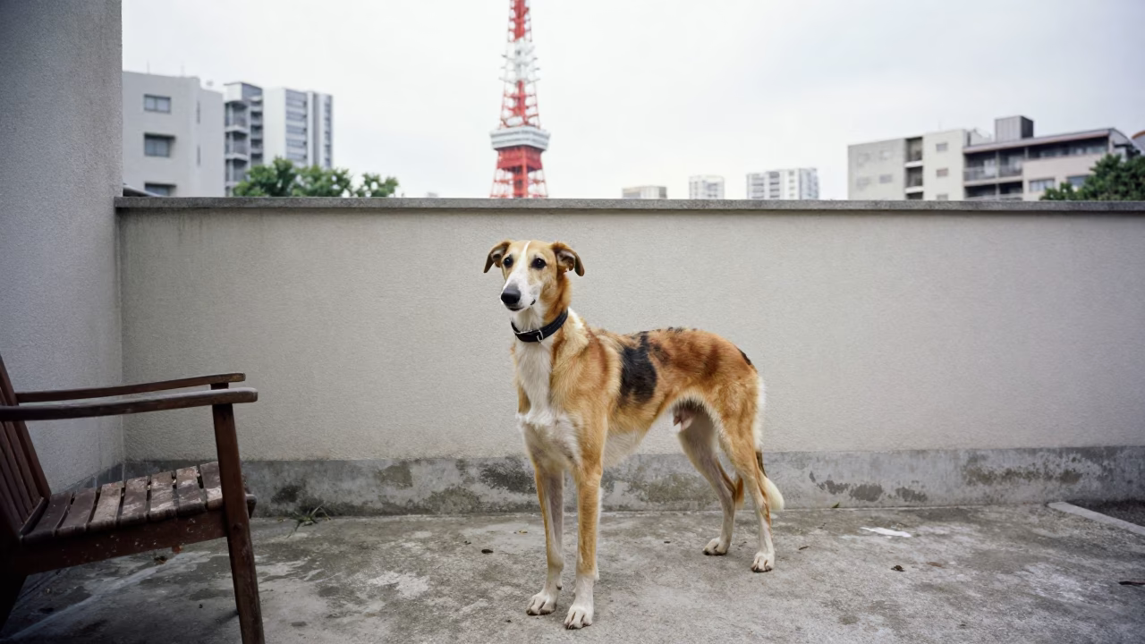English Foxhound Beside Tokyo Courtyard Wall in beside a plain courtyard wall in clear daylight with the animal at eye level in Tokyo