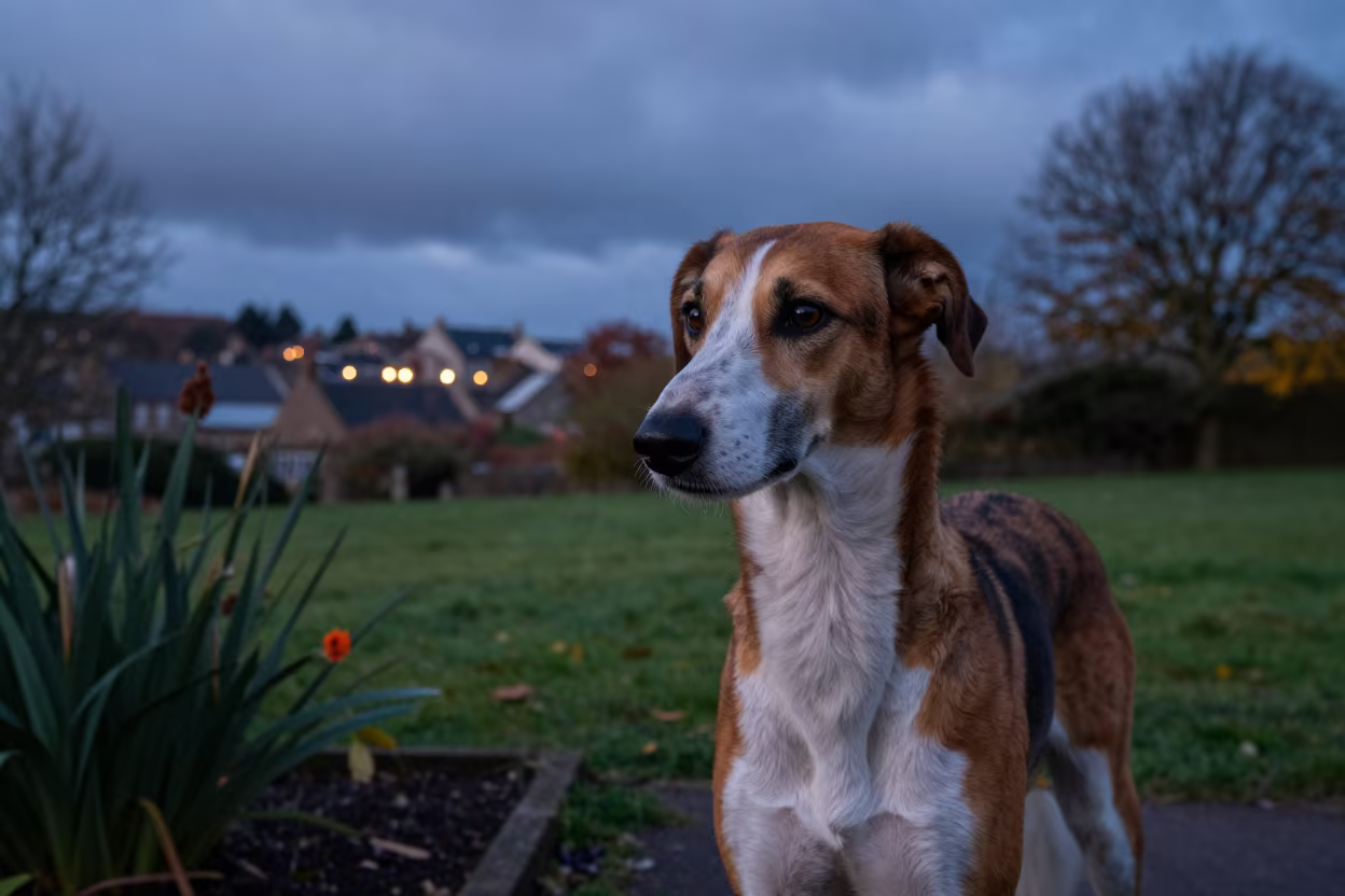 English Foxhound in Twilight Dundee Garden in near a garden edge with soft morning light and an uncluttered background in Dundee