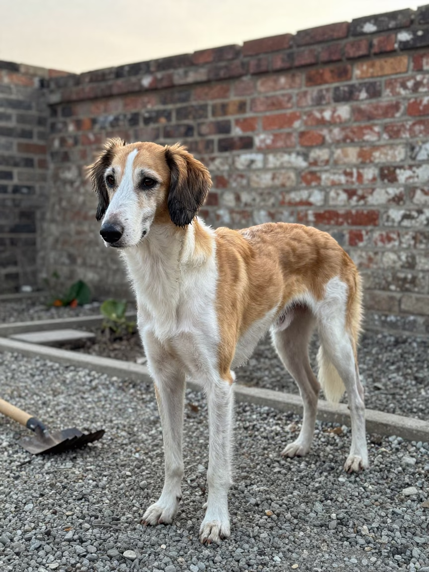 English Foxhound in Zhengzhou Garden Morning in near a garden edge with soft morning light and an uncluttered background in Zhengzhou