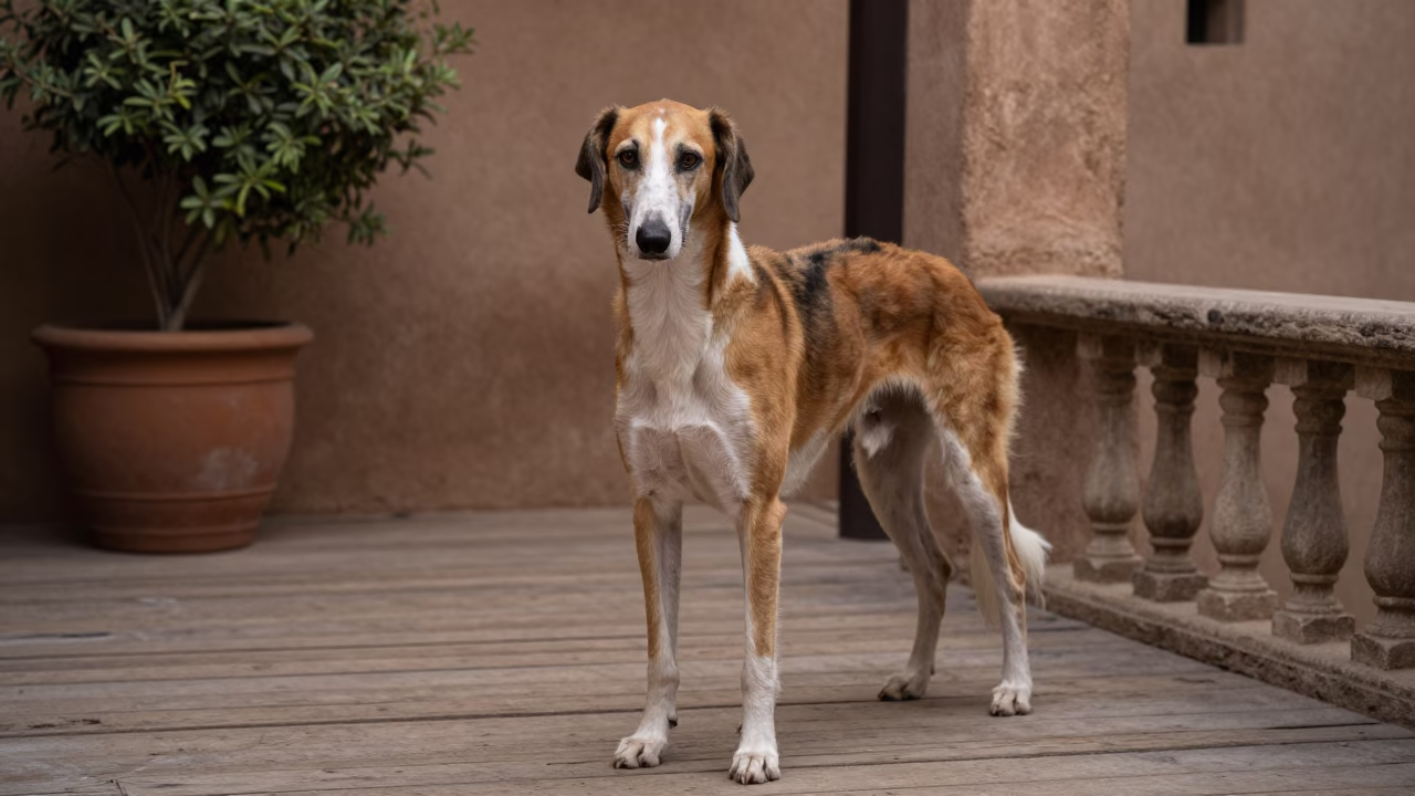 English Foxhound on Shaded Sanaa Porch in on a shaded front porch with boards, railings, and eye-level framing in Sanaa