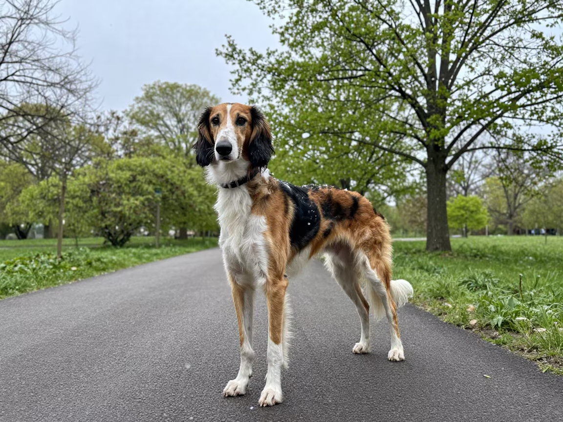 English Foxhound Portrait Along Quiet Park Path in along a quiet park path with soft open shade and a clean background near Guadalupe