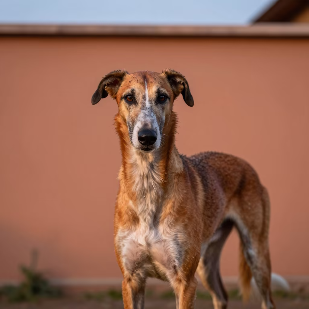 English Foxhound Portrait Beside Mekelle Courtyard Wall in beside a plain courtyard wall in clear daylight with the animal at eye level in Mekelle