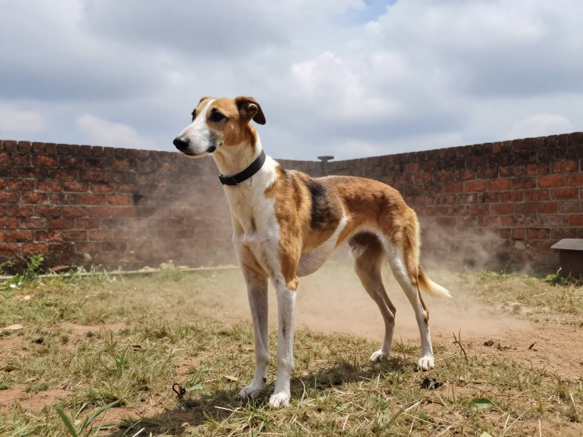 English Foxhound Portrait in Small Yard Near Tiruchirappalli in in a small yard with clipped grass, calm light, and the animal centered in frame near Tiruchirappalli