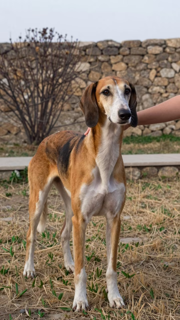 English Foxhound Portrait Near Diyarbakir Garden in near a garden edge with soft morning light and an uncluttered background near Diyarbakir