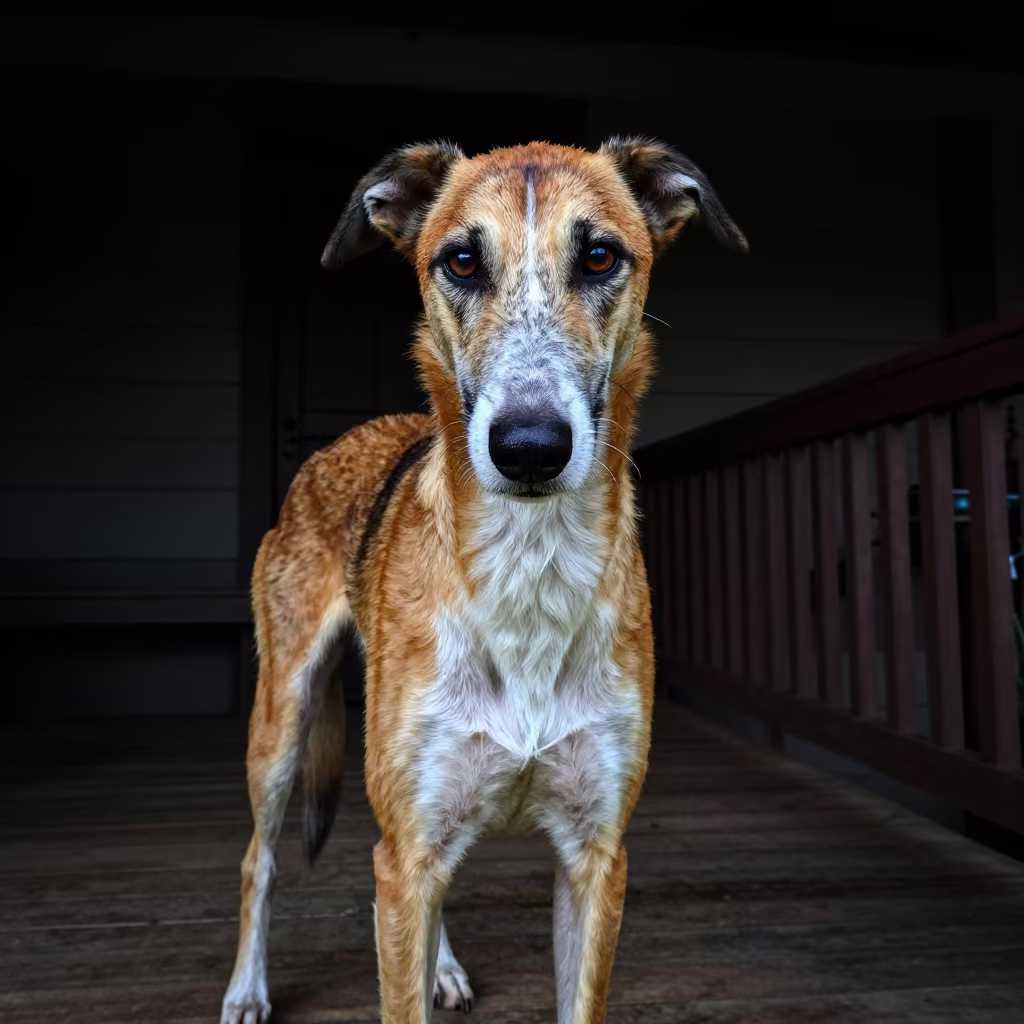 English Foxhound Portrait on Jinja Porch at Night in on a shaded front porch with boards, railings, and eye-level framing in Jinja