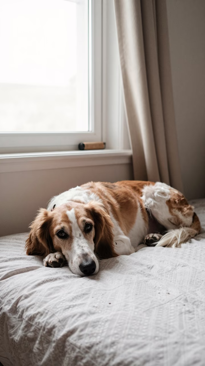 English Foxhound Resting on Bedspread Near Window in on a bedspread near a bright window with calm indoor light in Nagpur