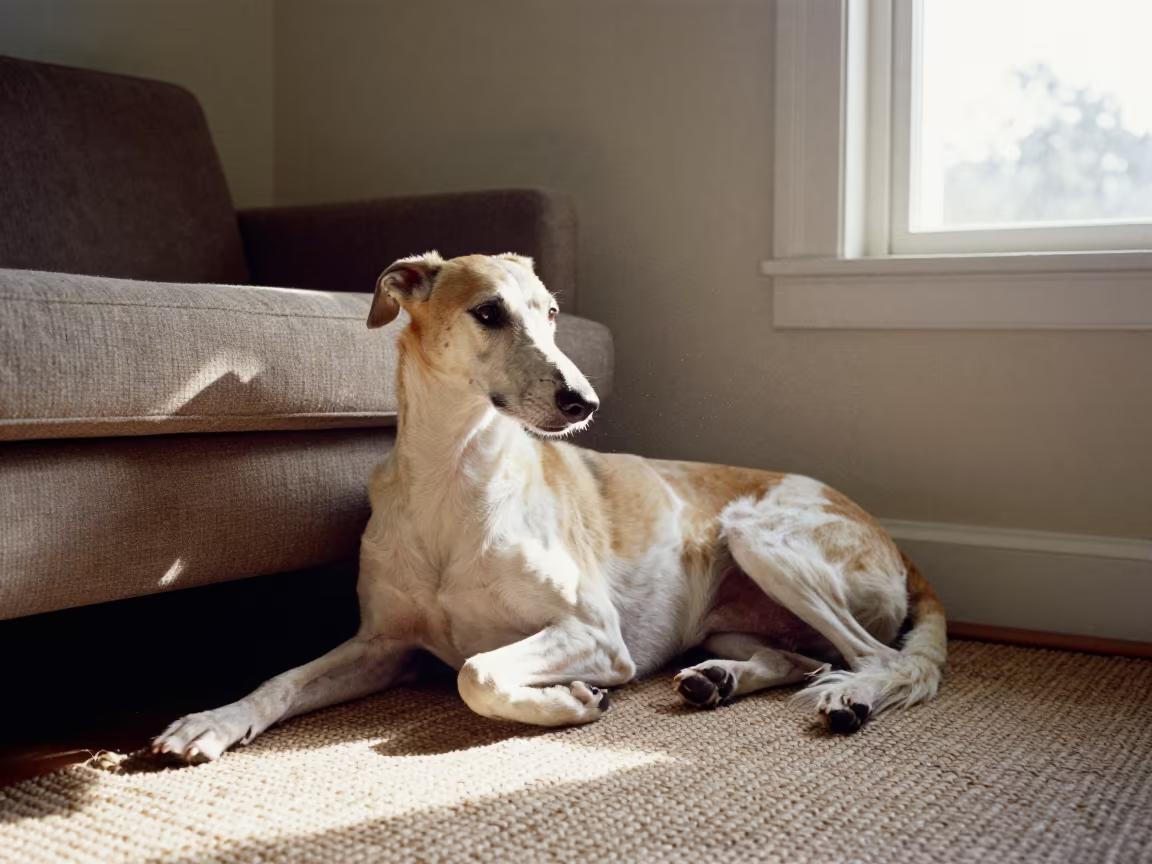 English Foxhound Resting on Rug in Thane Home in on a woven rug beside a low couch and an uncluttered wall in Thane