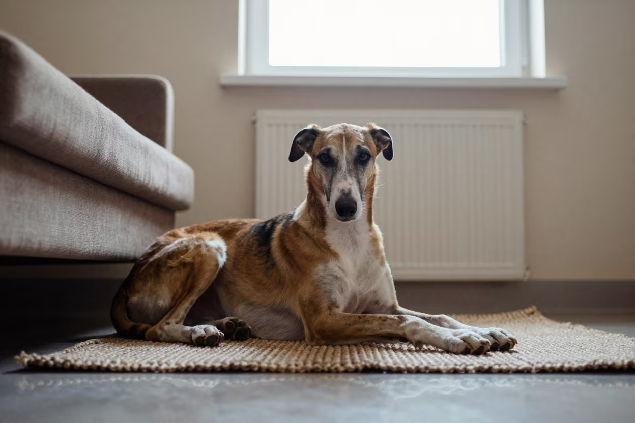 English Foxhound Resting on Rug Near Tashkent Couch in on a woven rug beside a low couch and an uncluttered wall near Tashkent