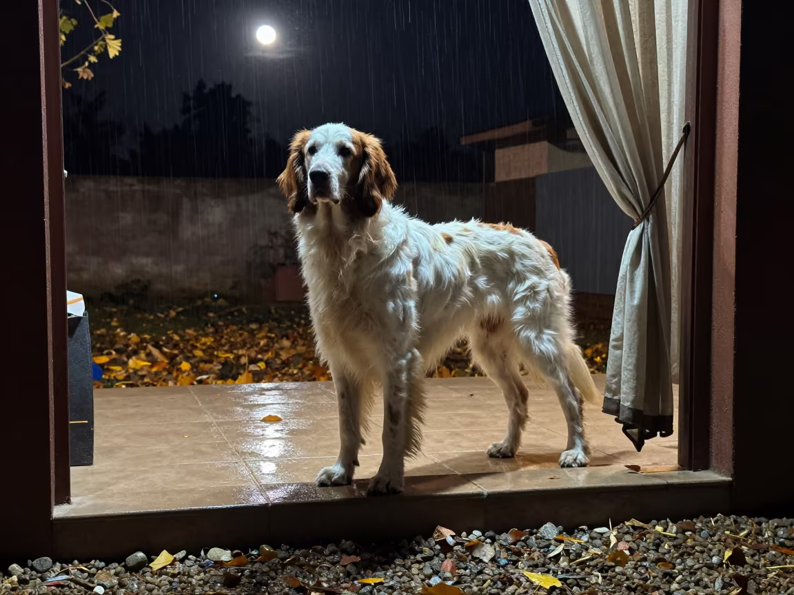English Setter on Shaded Porch in Night Rain in in a small yard with clipped grass, calm light, and the animal centered in frame near Jhansi