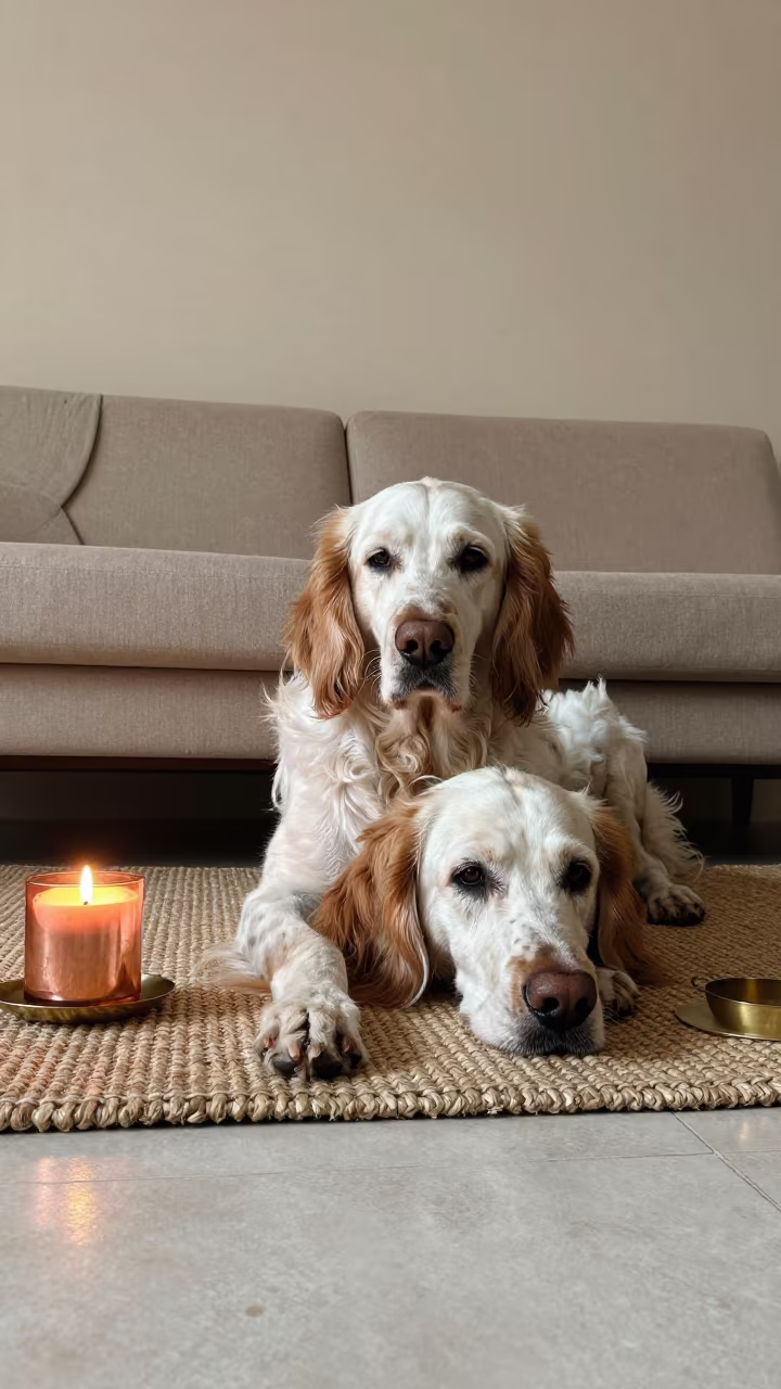 English Setter on Woven Rug in Maarif Home in on a woven rug beside a low couch and an uncluttered wall in Maarif, Casablanca