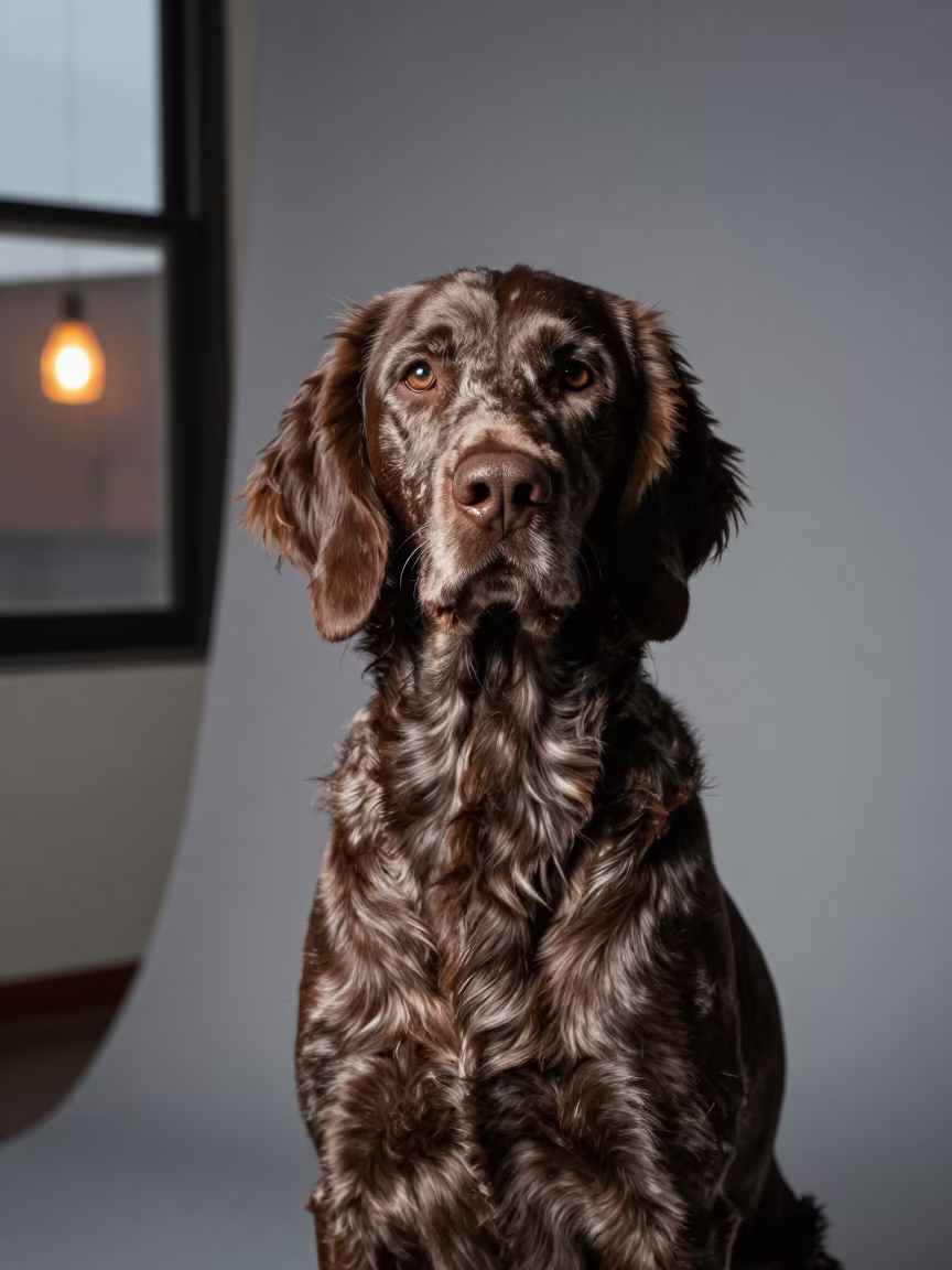 English Setter Portrait in Houston Studio in in a quiet portrait studio with a plain backdrop and eye-level framing in Houston