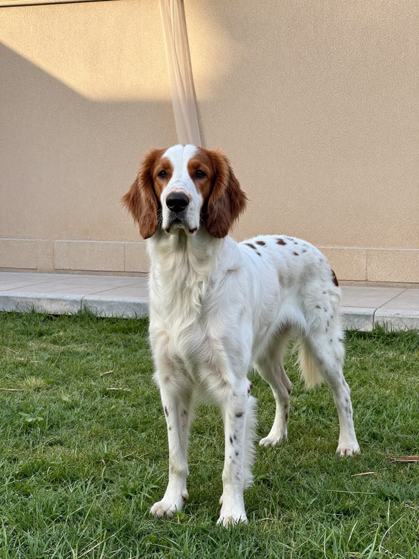 English Setter Portrait in Small Shiraz Yard in in a small yard with clipped grass, calm light, and the animal centered in frame near Shiraz