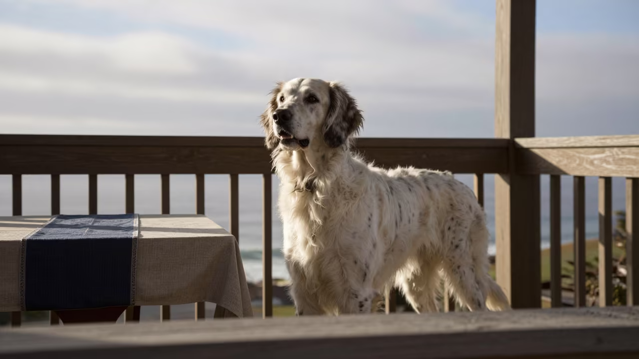 English Setter Portrait on Monterrey Porch in on a shaded front porch with boards, railings, and eye-level framing in Monterrey