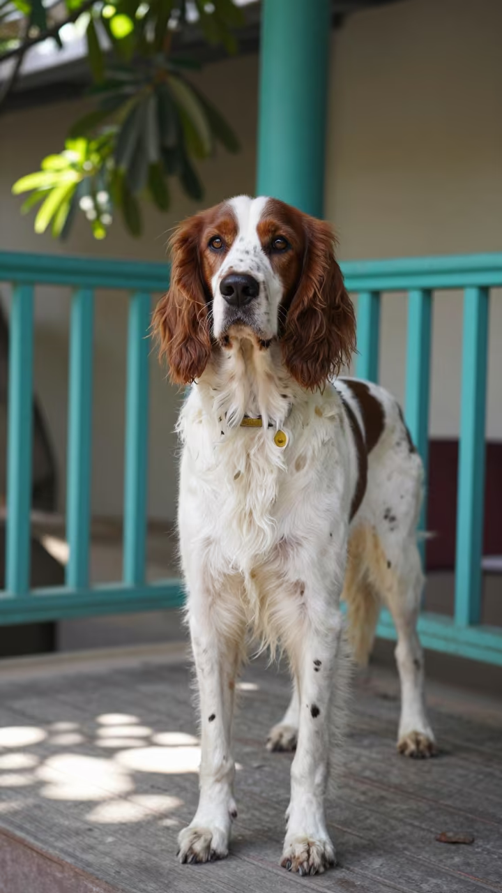 English Setter Portrait on Shaded Bhopal Porch in on a shaded front porch with boards, railings, and eye-level framing near Bhopal