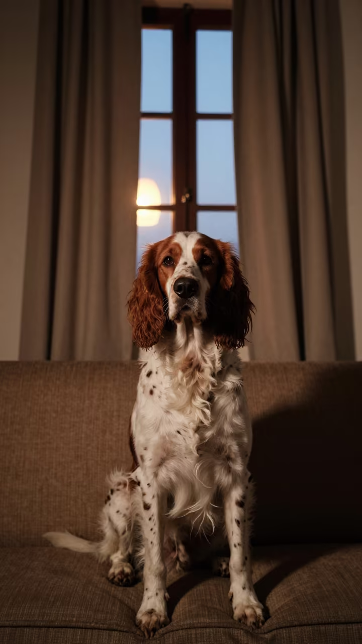 English Setter Portrait on Sofa Near Window in on a sofa near a curtained window with calm indoor light near Udaipur