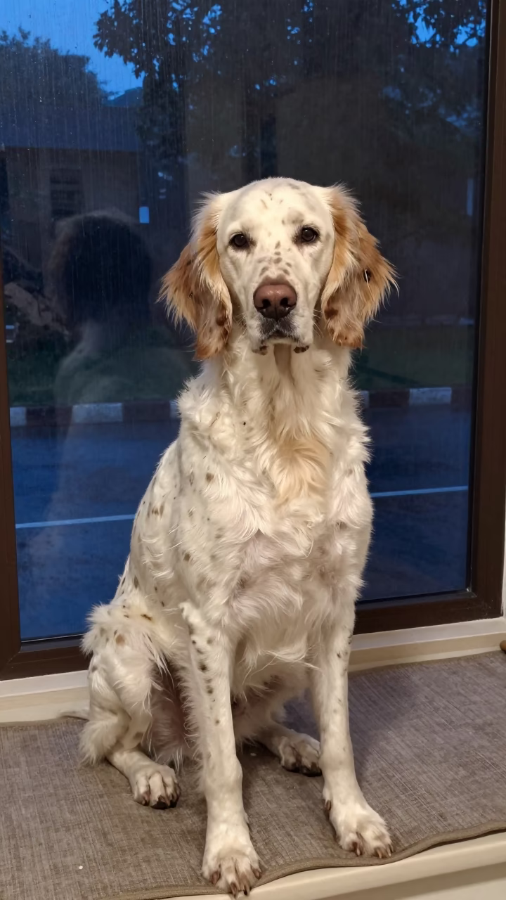 English Setter Portrait on Window Seat in Cumilla in on a cushioned window seat with soft side light and an uncluttered background in Cumilla