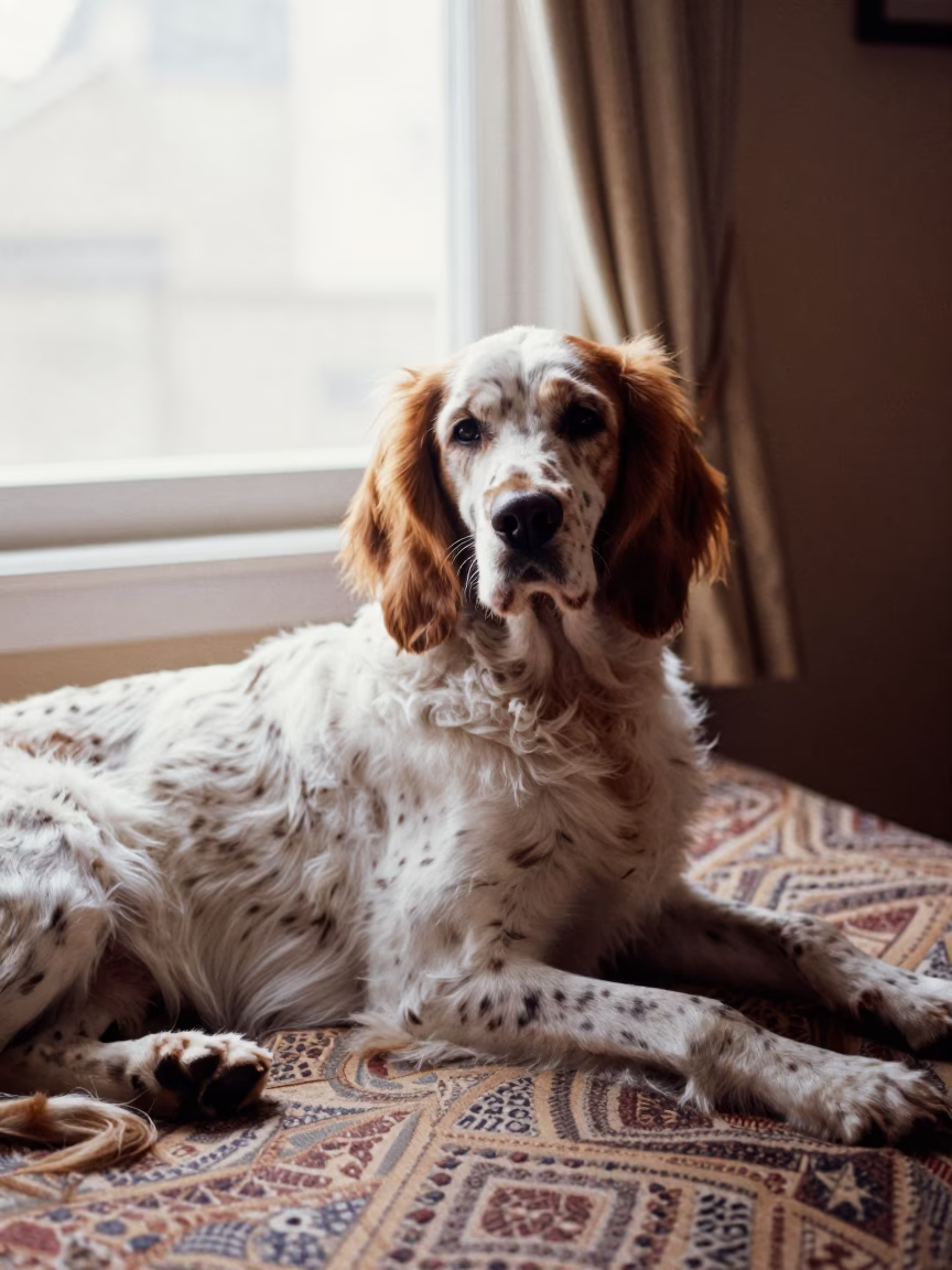 English Setter Resting on Bedspread Near Window in on a bedspread near a bright window with calm indoor light in Ndjamena