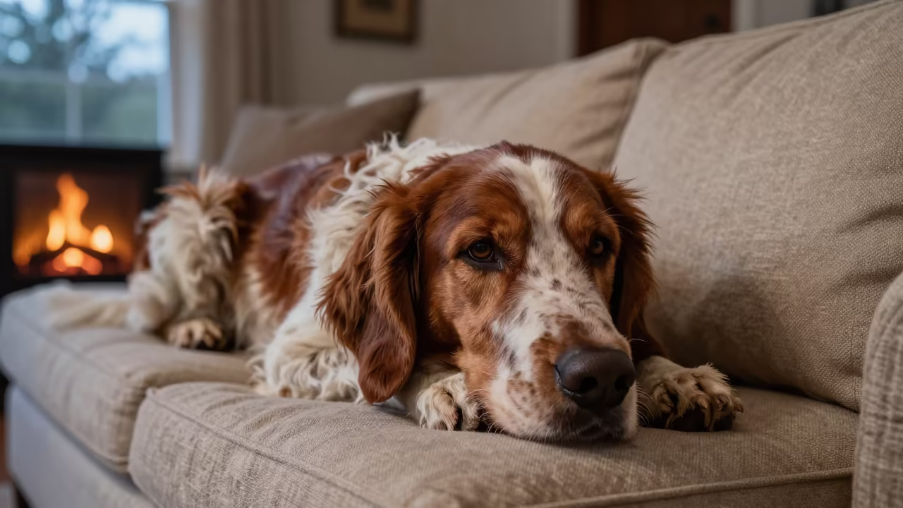 English Setter Resting on Linen Sofa in San Rafael in on a linen sofa with daylight from a nearby window near San Rafael