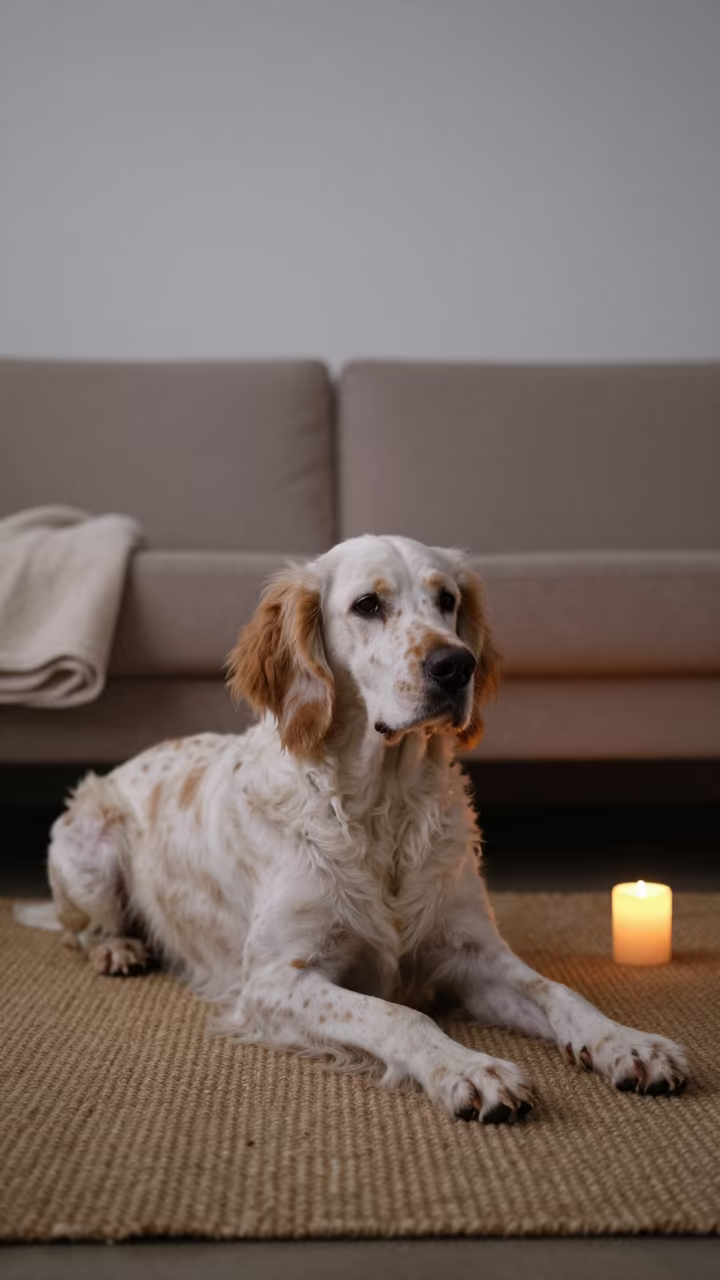 English Setter Resting on Woven Rug in Candlelight in on a woven rug beside a low couch and an uncluttered wall near Nanchang