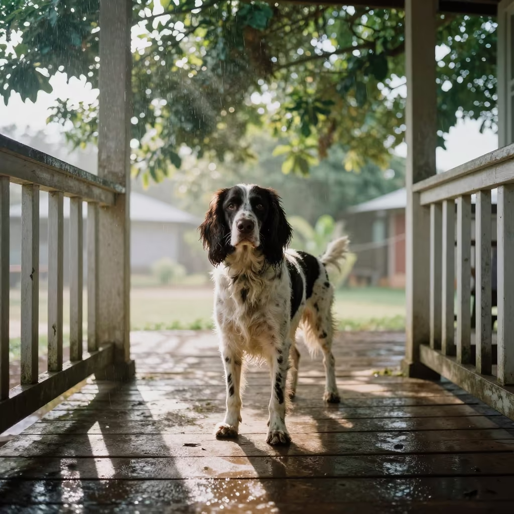 English Springer Spaniel on Shaded Banjul Porch in on a shaded front porch with boards, railings, and eye-level framing in Banjul