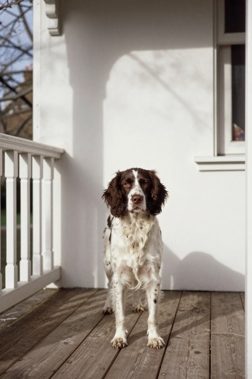 English Springer Spaniel on Shaded London Porch in on a shaded front porch with boards, railings, and eye-level framing near London