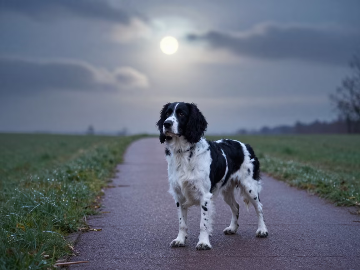 English Springer Spaniel on Tampere Park Path in along a quiet park path with soft open shade and a clean background in Tampere