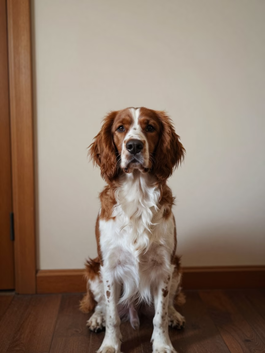 English Springer Spaniel Portrait Beside Plaster Wall in beside a plain plaster wall in soft indoor light with the animal centered in frame in Porto-Novo