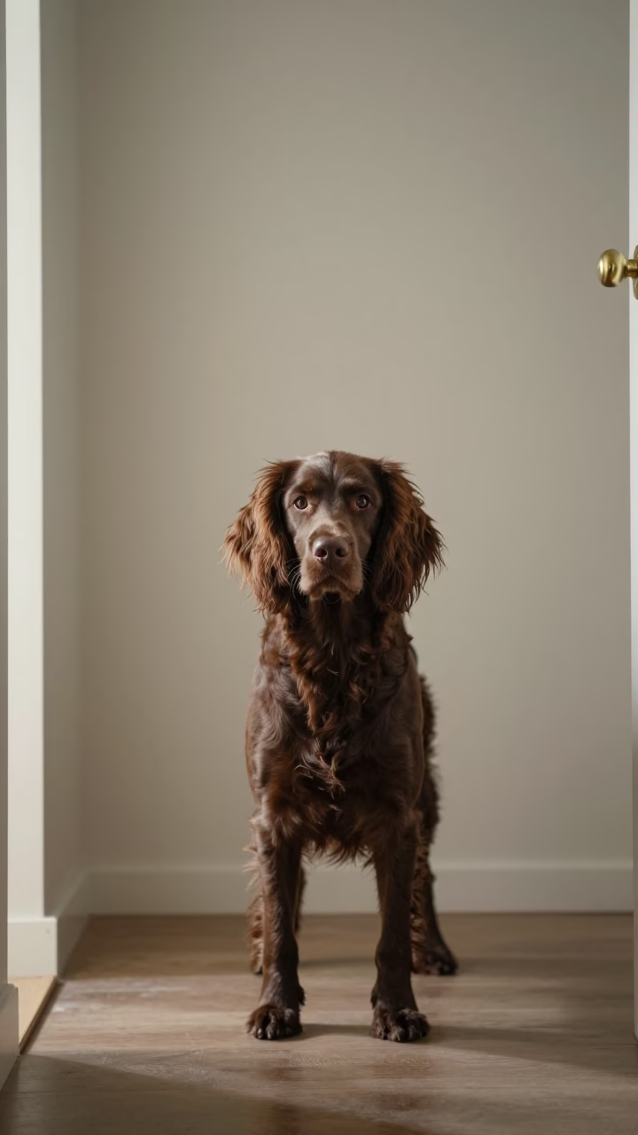 English Springer Spaniel Portrait in Gondar Hallway in beside a plain plaster wall in soft indoor light with the animal centered in frame near Gondar