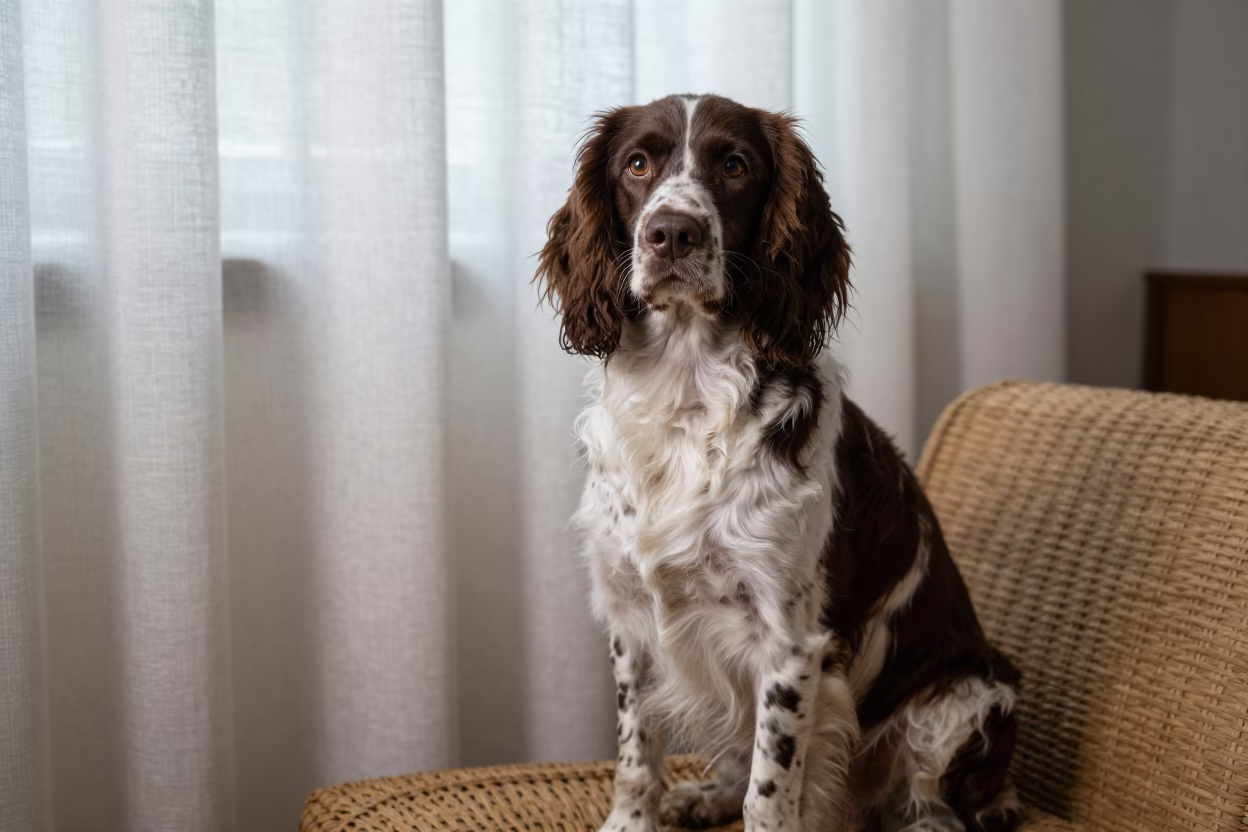 English Springer Spaniel Portrait on Sofa in on a sofa near a curtained window with calm indoor light in Mombasa