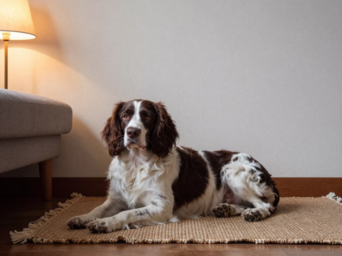English Springer Spaniel Resting on Woven Rug in Kagoshima Home in on a woven rug beside a low couch and an uncluttered wall in Kagoshima