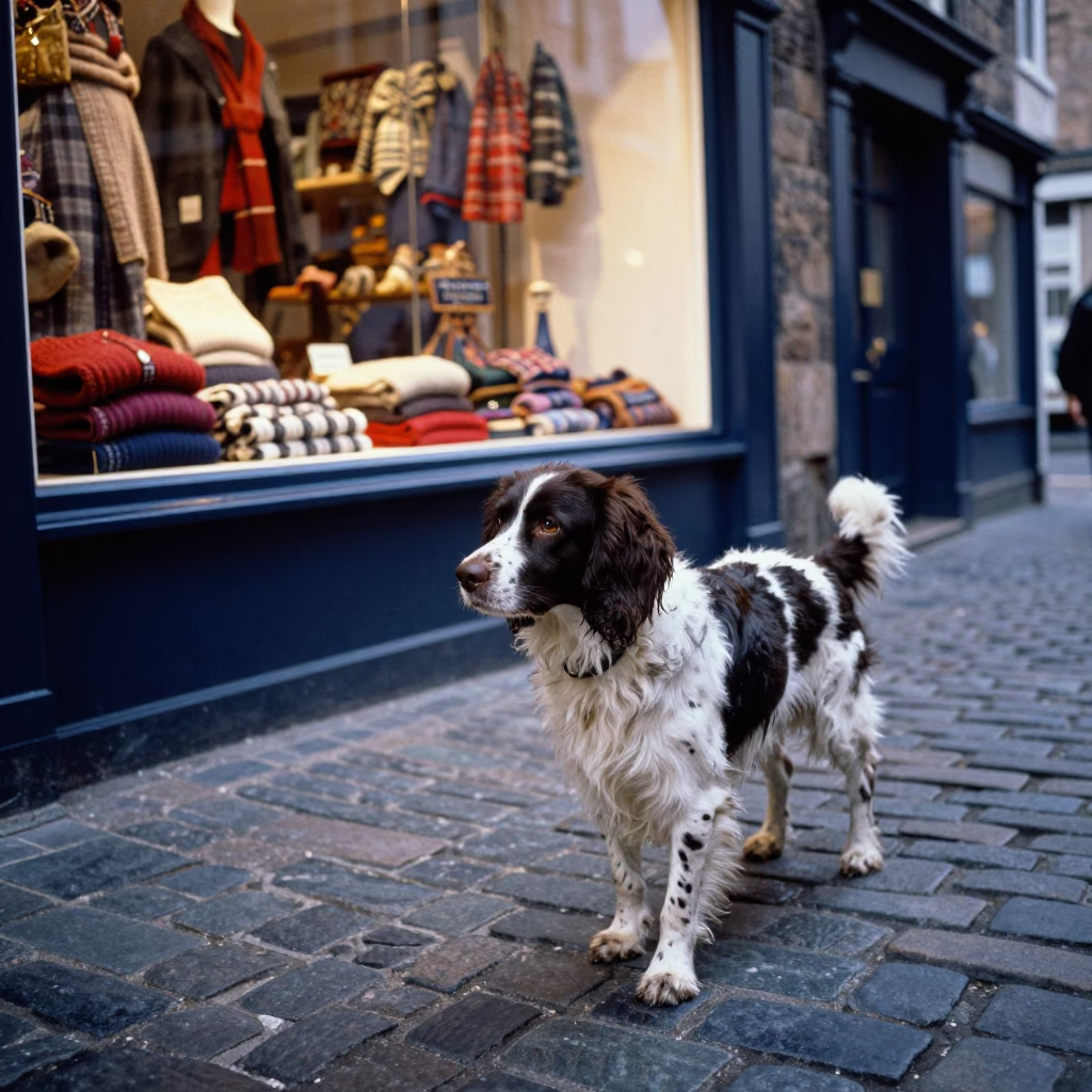 English Springer Spaniel Walking on Edinburgh Cobblestone Street in Early Afternoon in in Edinburgh, United Kingdom