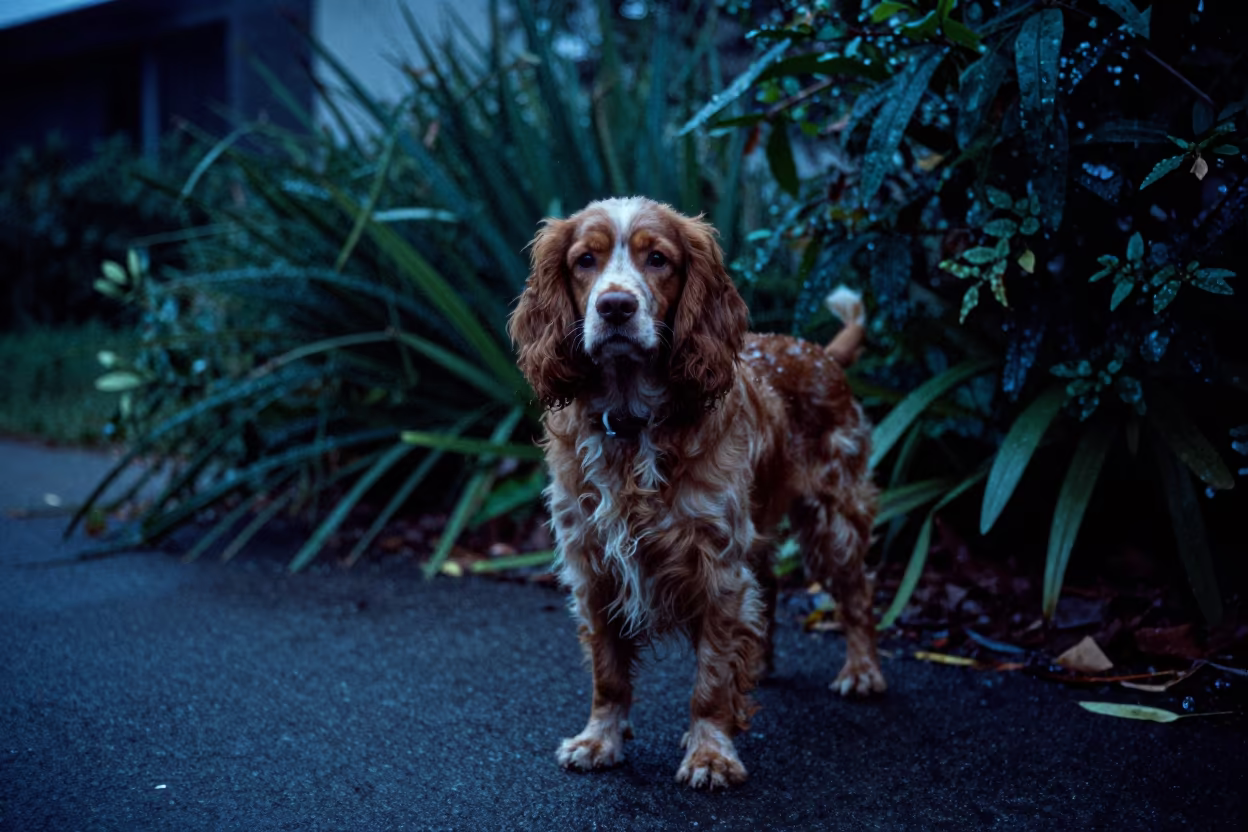English Toy Spaniel in Evening Garden Rim Light in near a garden edge with soft morning light and an uncluttered background near San Diego