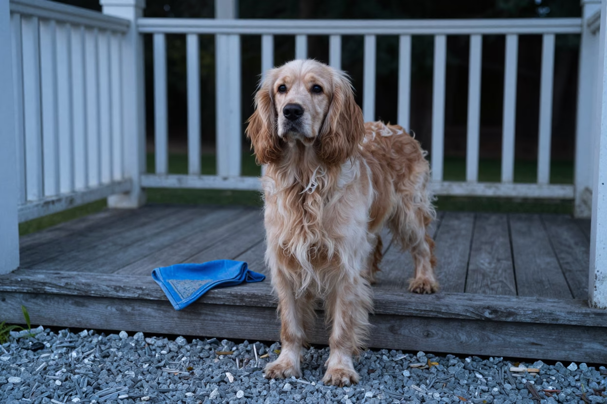 English Toy Spaniel on Cork Porch in on a shaded front porch with boards, railings, and eye-level framing in Cork
